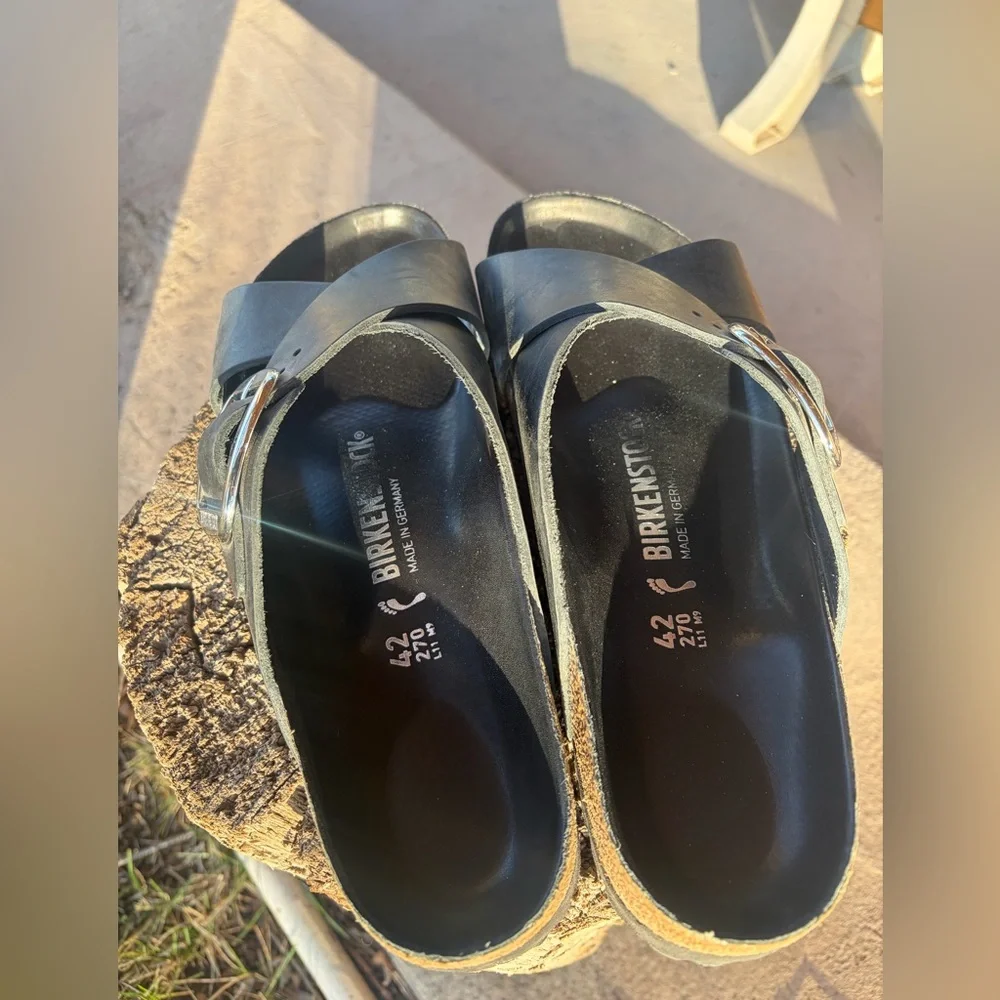 Birkenstock Women's Black Crisscross Cork Slide Sandals with Silver Buckle - Picture 3 of 4